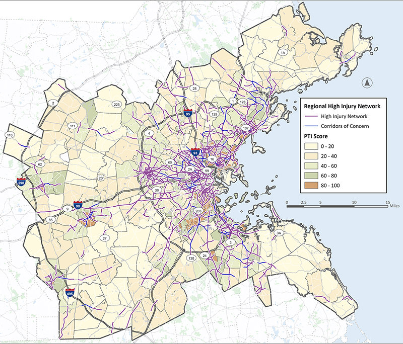 A map of the Boston area with the MPO region enclosed in a border. The Regional High Injury Network, consisting of highlighted high injury roadway segments and corridors of concern, is further overlayed with Priority Transportation Investment (PTI) Areas. The PTI areas are scored in fifths of 100 (0-20 being lowest scoring, 20-40, 40-60, 60-80, and 80-100 being highest scoring) This figure shows how the High Injury Network and some PTI areas overlap, notably in Waltham, Framingham, Marlborough, North Randolph, Quincy, areas of Roxbury, Grove Hall, and South End, and several communities to the immediate north of Boston.  